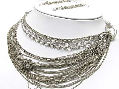 Multi strand metal knot chain neckalce earring set