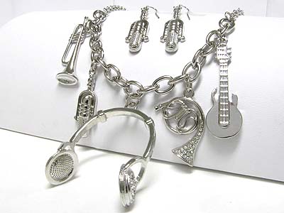 Music theme multi music instrument charm dangle long necklace earring set