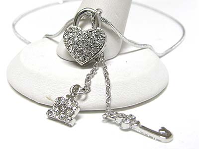 Made in korea whitegold plating crystal crown heart key dangle necklace