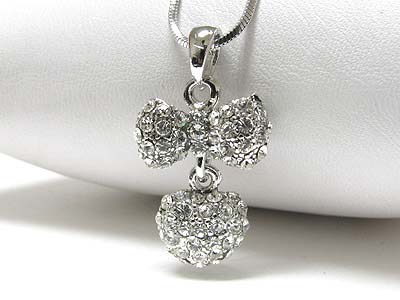 Made in korea whitegold plating crystal ribbon and heart pendant necklace