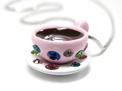 Made in korea whitegold plating crystal and epoxy miniature coffee cup pendant necklace