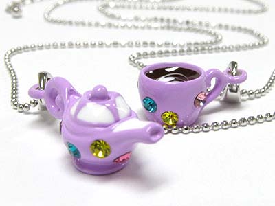 Made in korea whitegold plating crystal and epoxy miniature coffee pot and cup pendant necklace