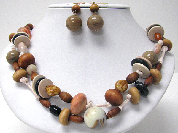 Double layered natural material and wood bead link necklace earring set