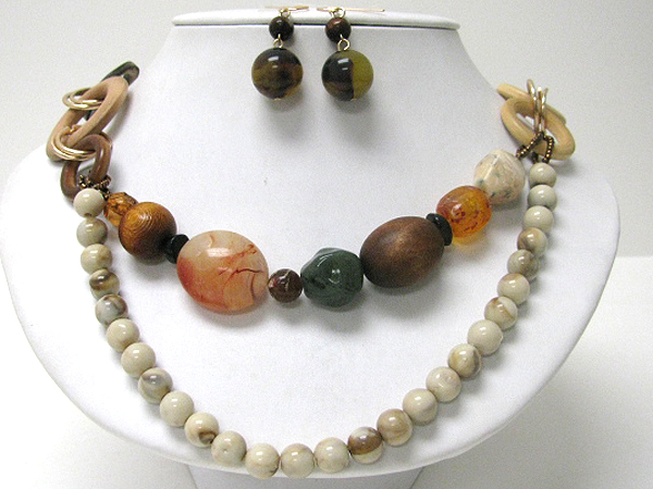 Natural stone and wood bead link double layered necklace earring set