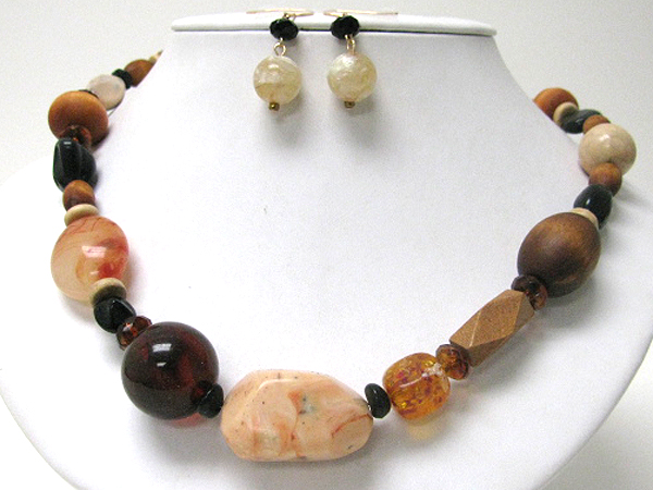 Natural stone and wood bead link necklace earring set