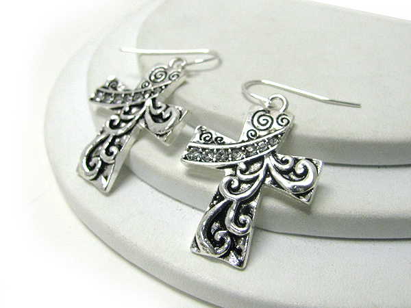 Crystal deco metal filigree cross earrings