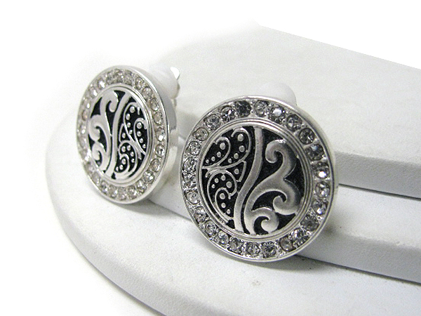 Crystal edge deco metal filigree button clip earrings