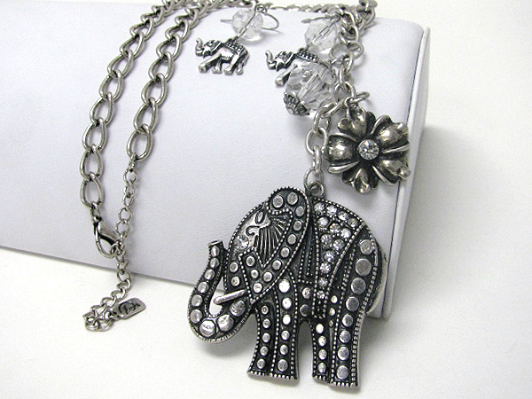 Crystal deco elephant and flower long necklace earring set