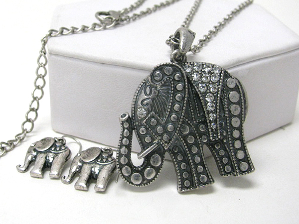 Crystal deco large elephant pendant necklace earring set