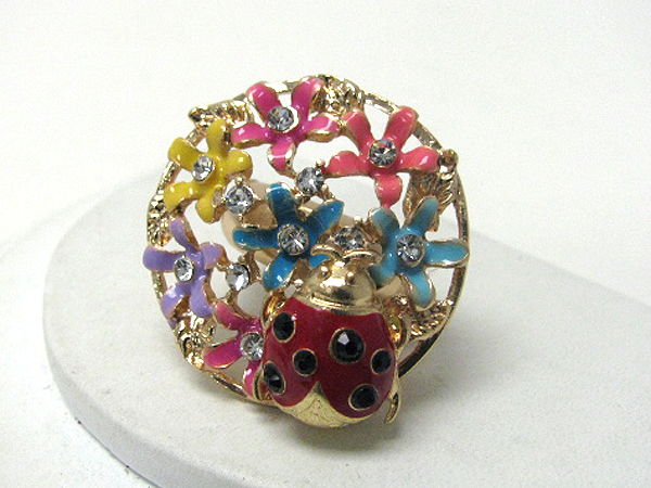 Crystal and epoxy multi flower and lady bug stretch ring