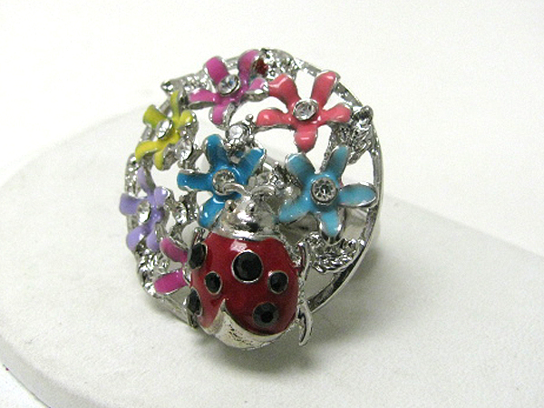 Crystal and epoxy multi flower and lady bug stretch ring