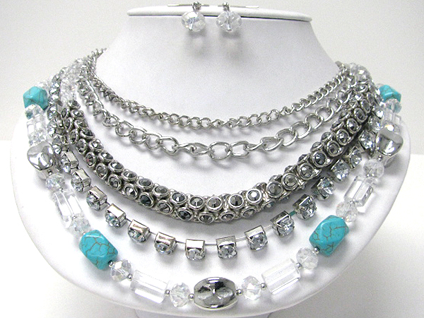 Multi crystal and stone link 5 layered chain necklace earring set