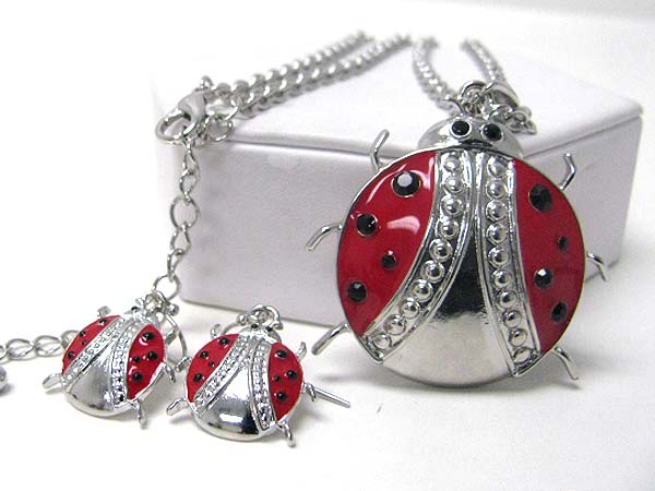 Crystal deco large lady bug pendant necklace earring set