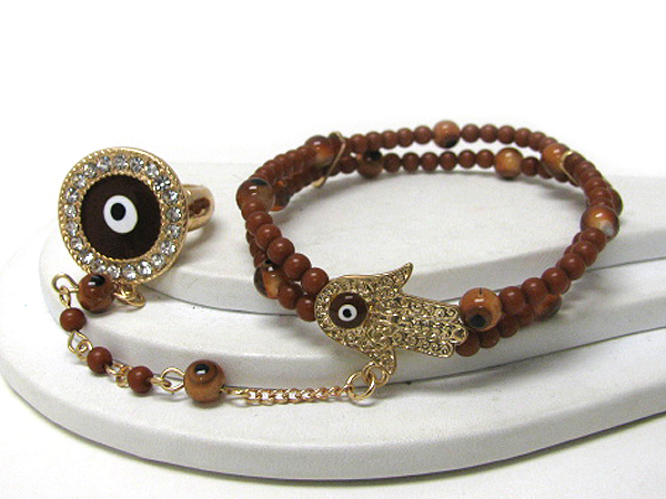 Crystal stud evil eye and hamsa theme stretch bracelet and ring combo set