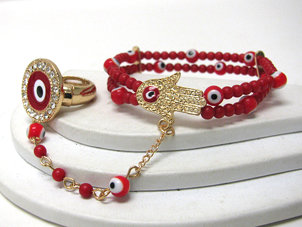 Crystal stud evil eye and hamsa theme stretch bracelet and ring combo set