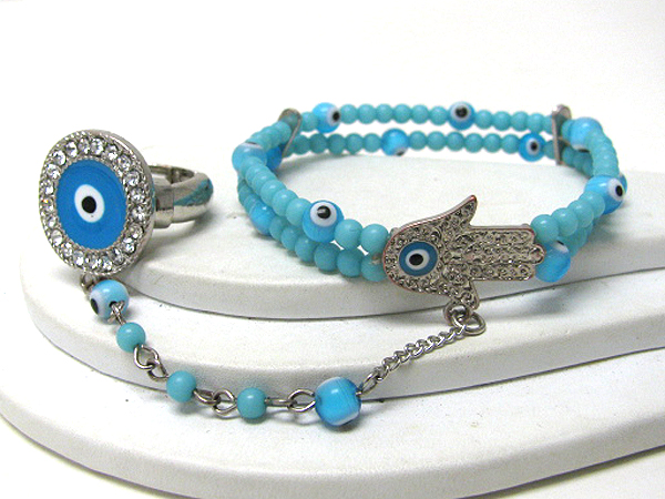 Crystal stud evil eye and hamsa theme stretch bracelet and ring combo set