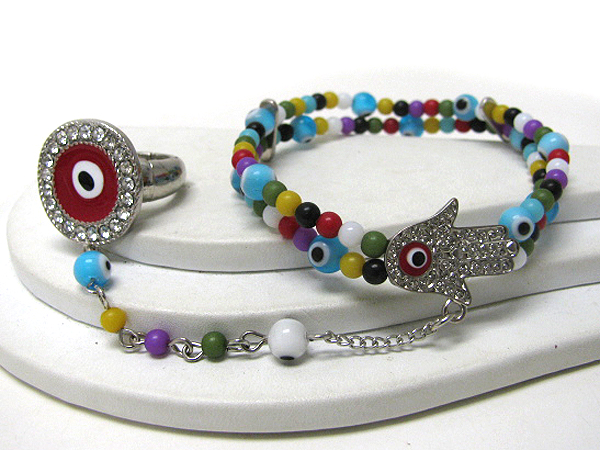 Crystal stud evil eye and hamsa theme stretch bracelet and ring combo set