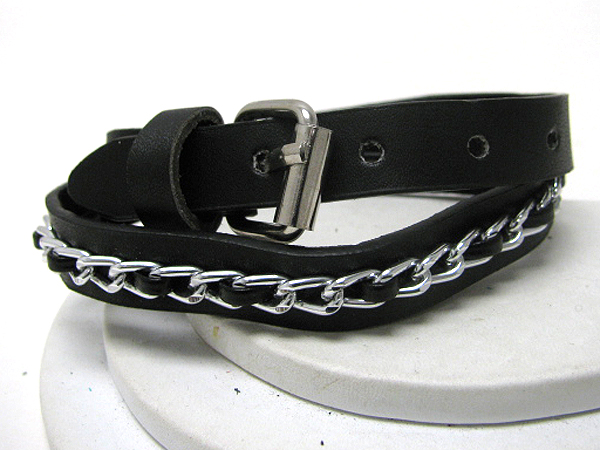 Synthtic leather and metal chain deco belt style friendship bracelet - free wrap style