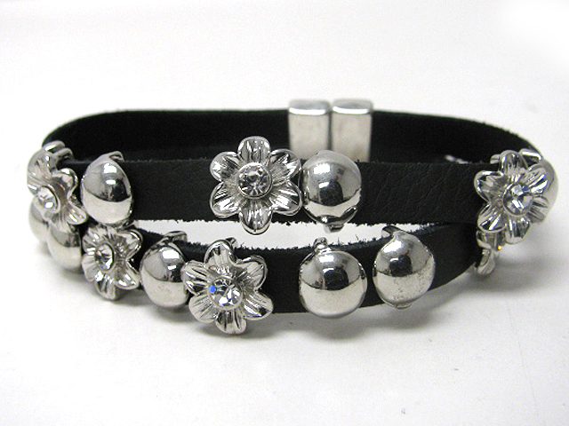 Crystal stud flower charm deco velvet wrapped magnetic bracelet 