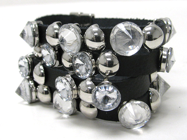 Four row metal disk and crystal slide leather magnetic clasp wrist band