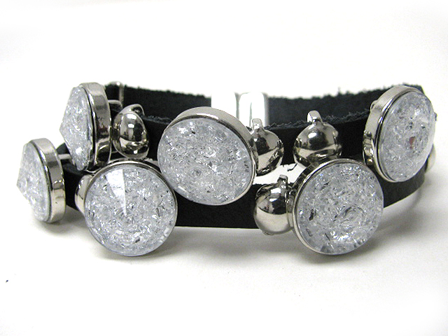 Double row snow crystal and metal disk slide leather magnetic clasp wrist band