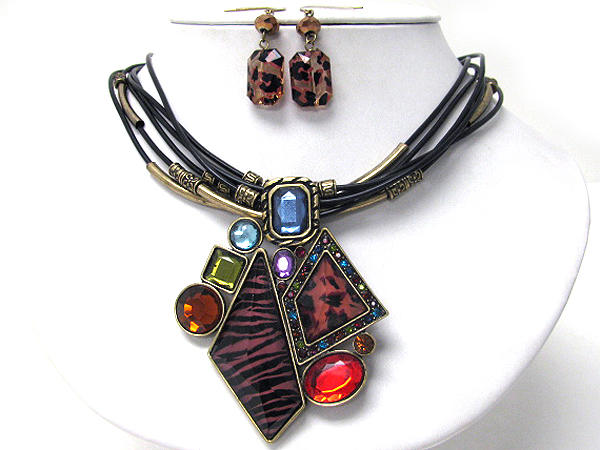 Animal print and crystal deco geometric pendant and multi cord necklace earring set