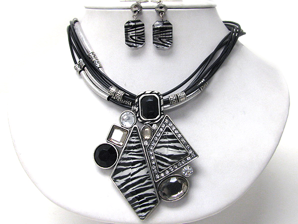 Animal print and crystal deco geometric pendant and multi cord necklace earring set