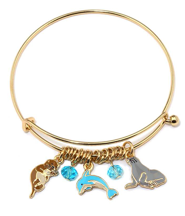 Enamel dolphine and sea otter charm wire bangle bracelet