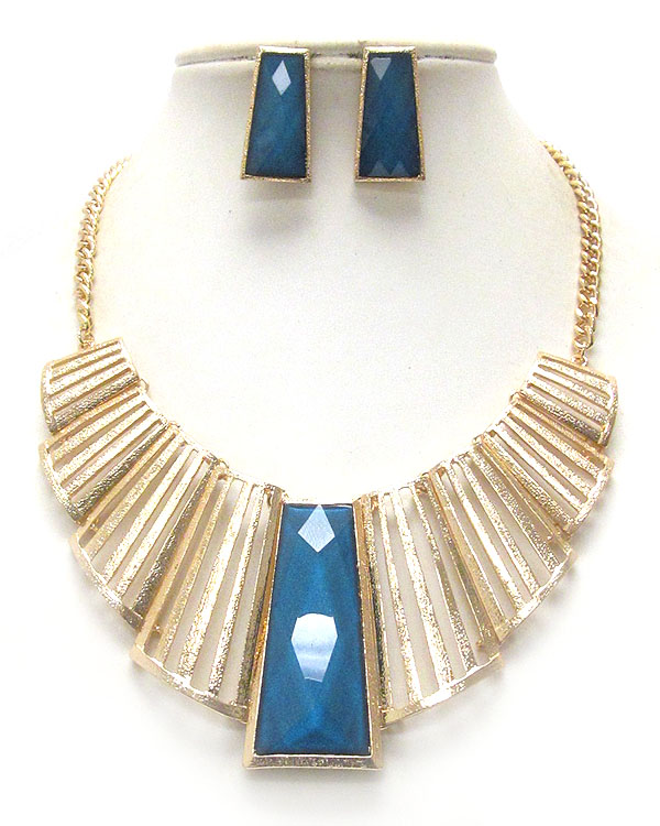 Facet acrylic center and multi metal bar link statement necklace earring set