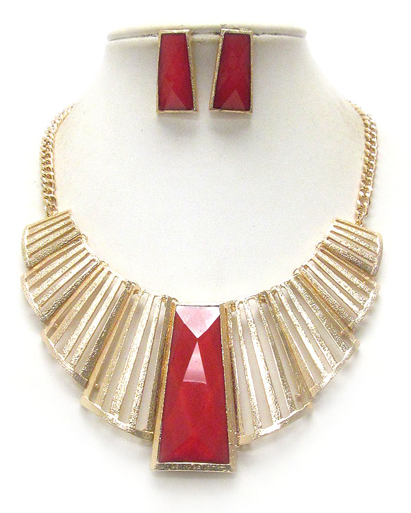 Facet acrylic center and multi metal bar link statement necklace earring set