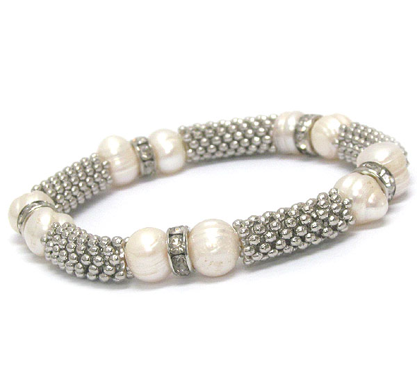 Crystal rondelle and pearl deco metal beaded stretch bracelet