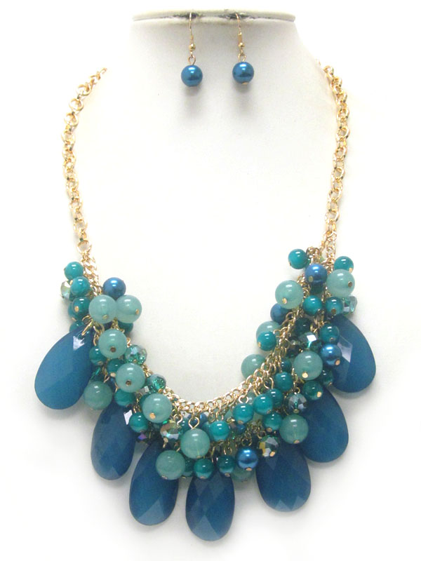 Multi acrylic teardrop and ball bead drop necklace earring set