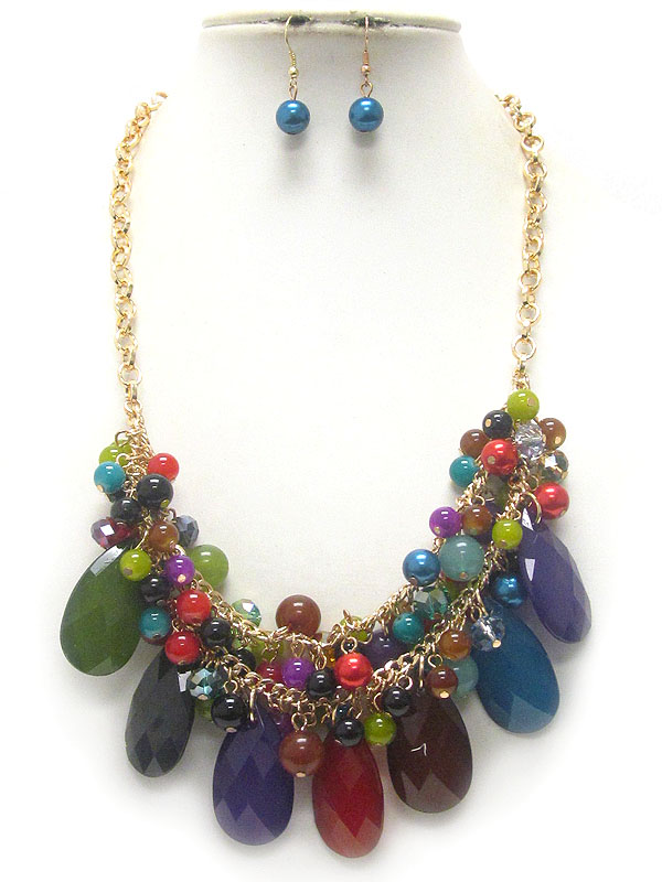 Multi acrylic teardrop and ball bead drop necklace earring set