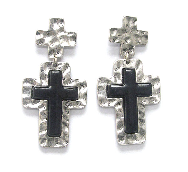 Hammered metal and stone cross drop earring