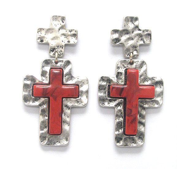 Hammered metal and stone cross drop earring