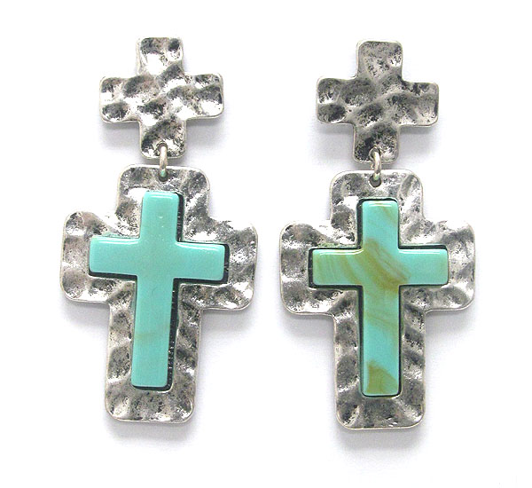 Hammered metal and stone cross drop earring