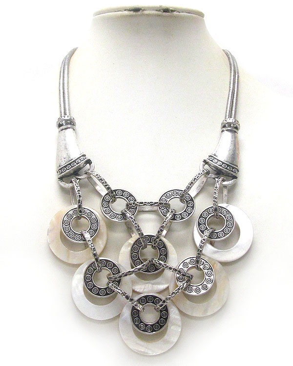 Multi metal and shell disk link bib style necklace