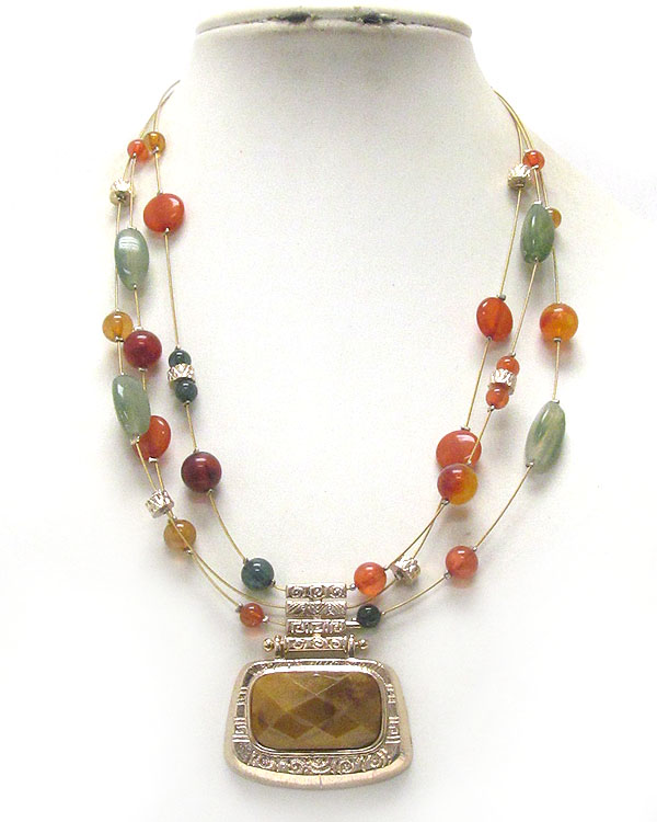 Facet acrylic stone pendant and multi ball bead and wire illusion necklace