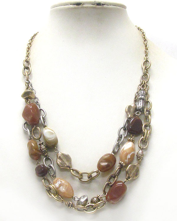 Multi stone bead and triple chain necklace