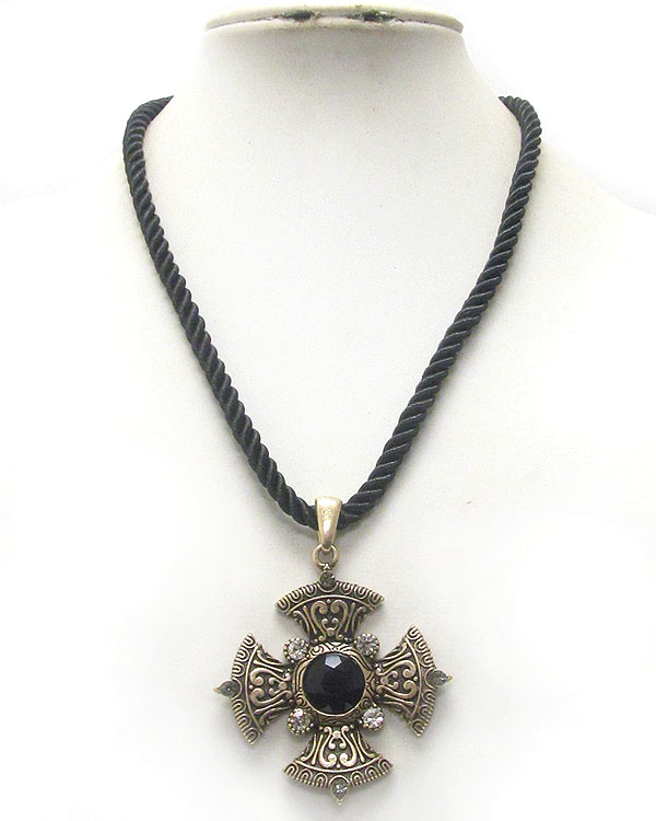 Crystal deco and metal filigree cross pendant and rope chain necklace