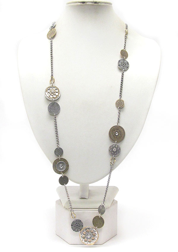 Metal filigree multi flower disk and button link long necklace