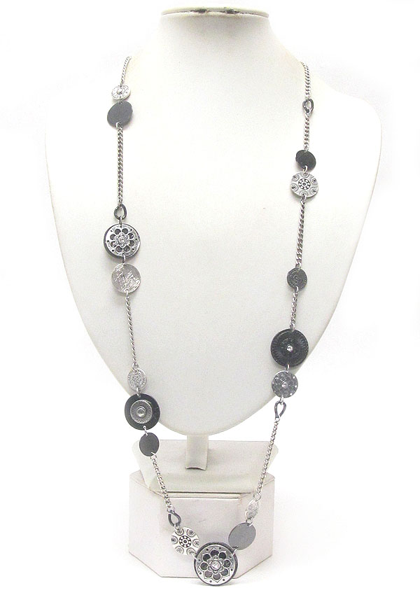 Metal filigree multi flower disk and button link long necklace