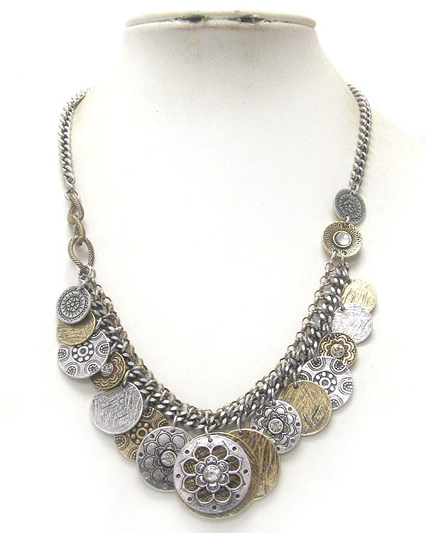 Crystal deco multi metal filigree flower disk drop necklace 