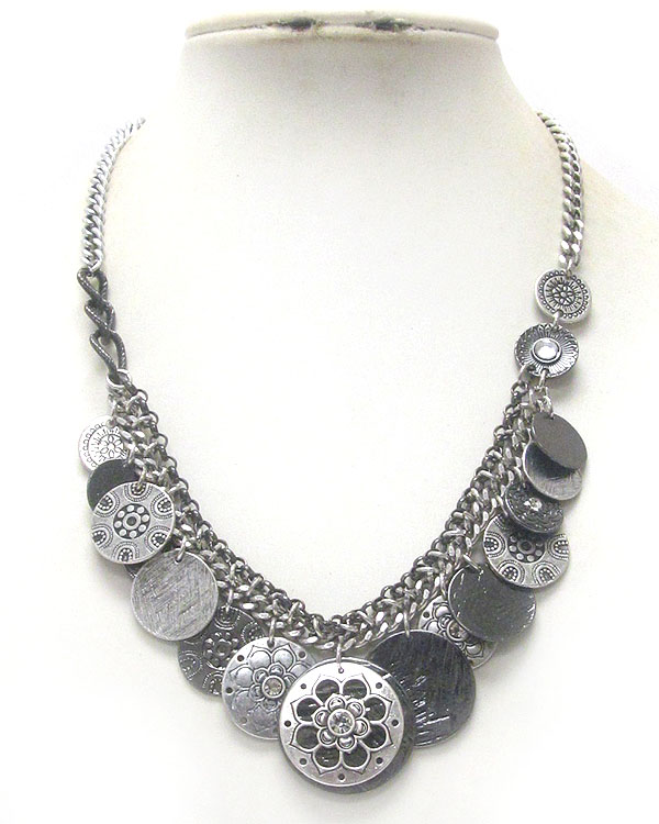 Crystal deco multi metal filigree flower disk drop necklace 