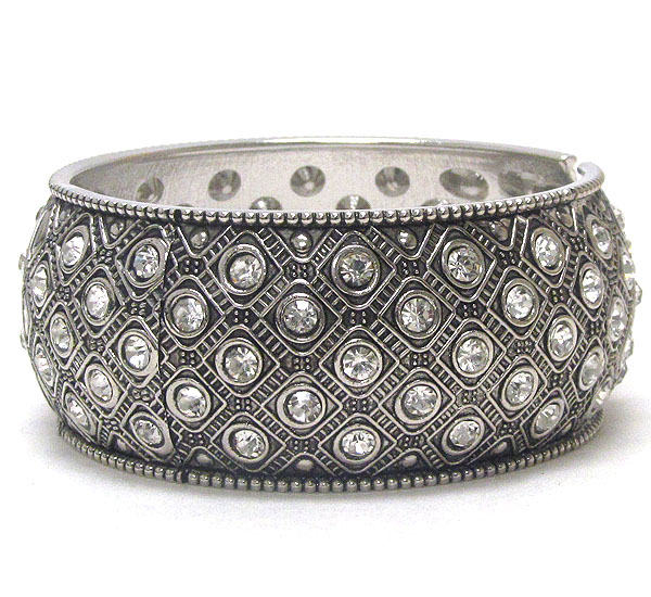 Multi crystal deco and textured metal hinge bangle bracelet