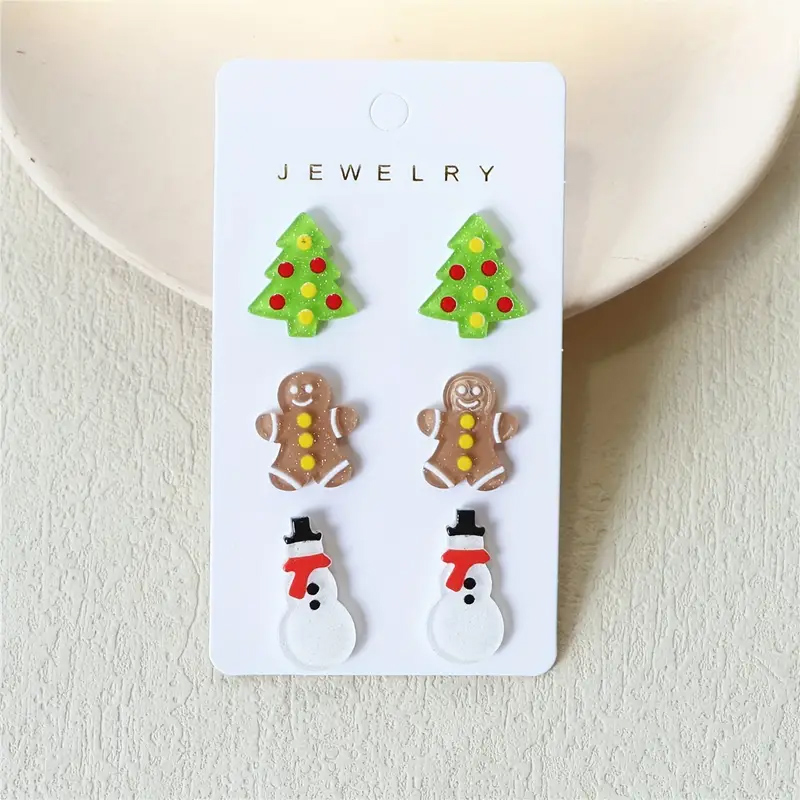 Christmas theme 3 pair earring set - snowman gingerbread