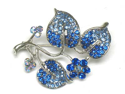 Crystal flower and leaves brooch