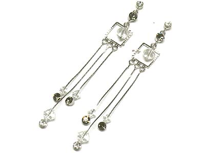 Crystal and 3 metal line long drop earring