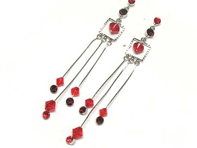 Crystal and 3 metal line long drop earring