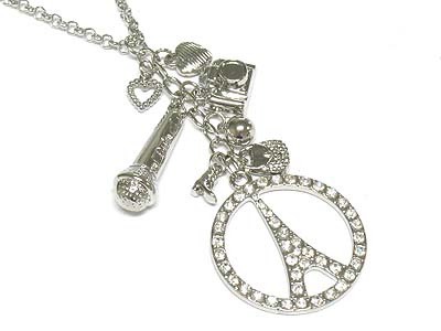 Crystal deco eiffel tower round disk and multi charms necklace 